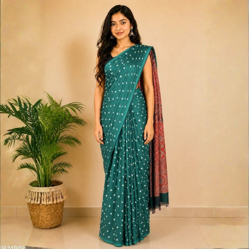 Bandhej [ Tie-Dye] Modal Silk Part Natural Dye Ajrakh Pallu Hand Block Print Saree With Ajrakh Blouse Piece - 5.5 Mtr Length - SKU : MS25601A