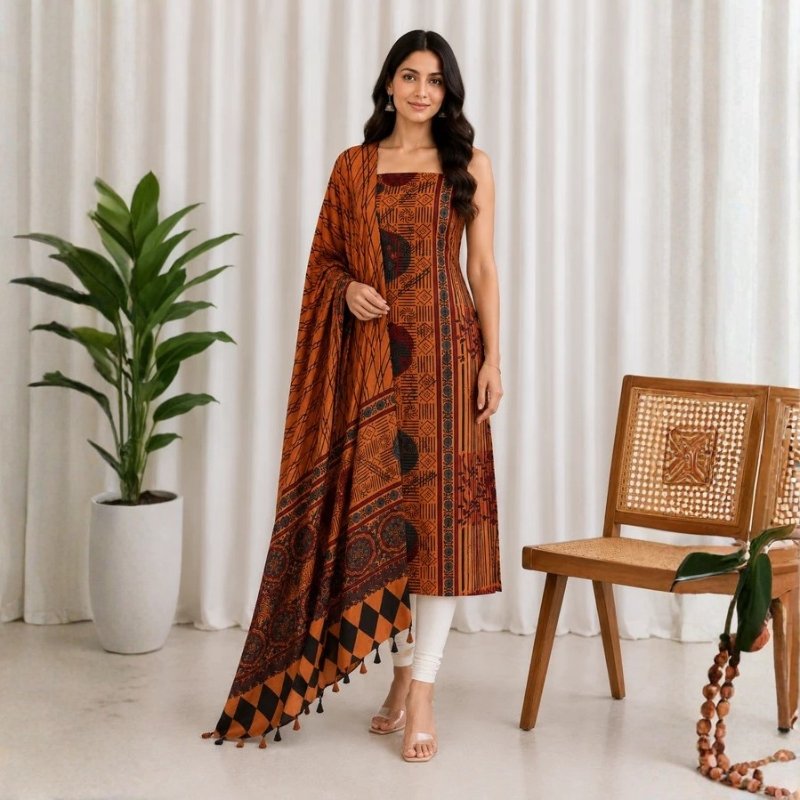 Ajrakh Modal Silk Natural Dye Hand Block Print Kurta-Dupatta (Two Piece Set) with Full Ajrakh Heavy Dupatta with Tassels - SKU : ID25701M