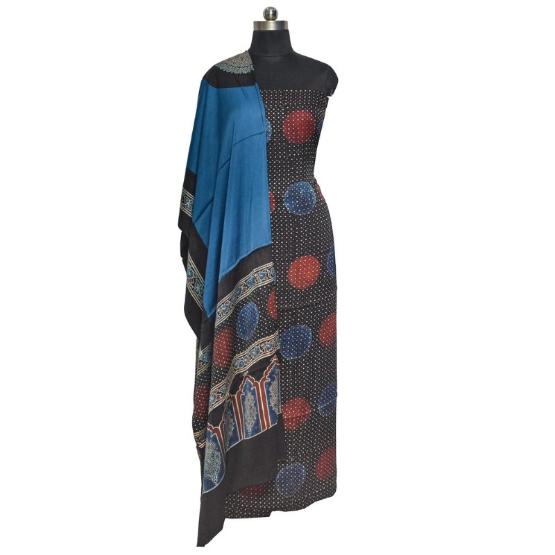 Ajrakh Modal Silk Part Natural Dye Plain Dyeing Ajrakh Border Dupatta Hand Block Print Kurta-Dupatta (Two Piece Set) with Tassels - 2.5 Mt Top - SKU : AI27801F - Image 2