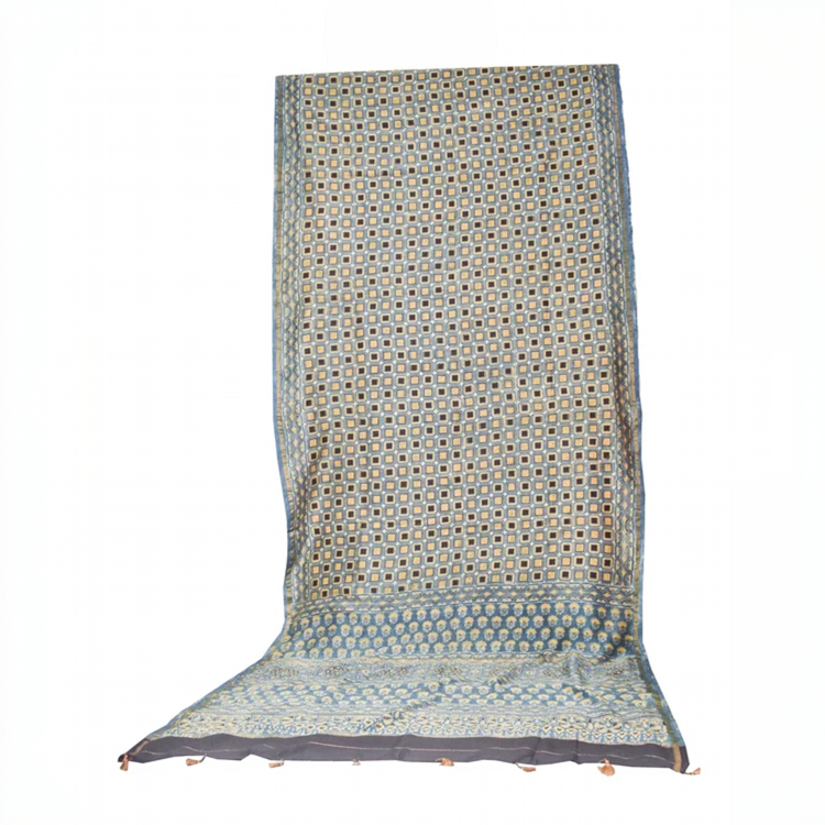 Ajrakh Chanderi Silk Natural Dye Hand Block Print Saree with Ajrakh Blouse Piece - 5.5 Mtr Length + 0.85 Mtr Blouse Piece - SKU : ID27904A - Image 3